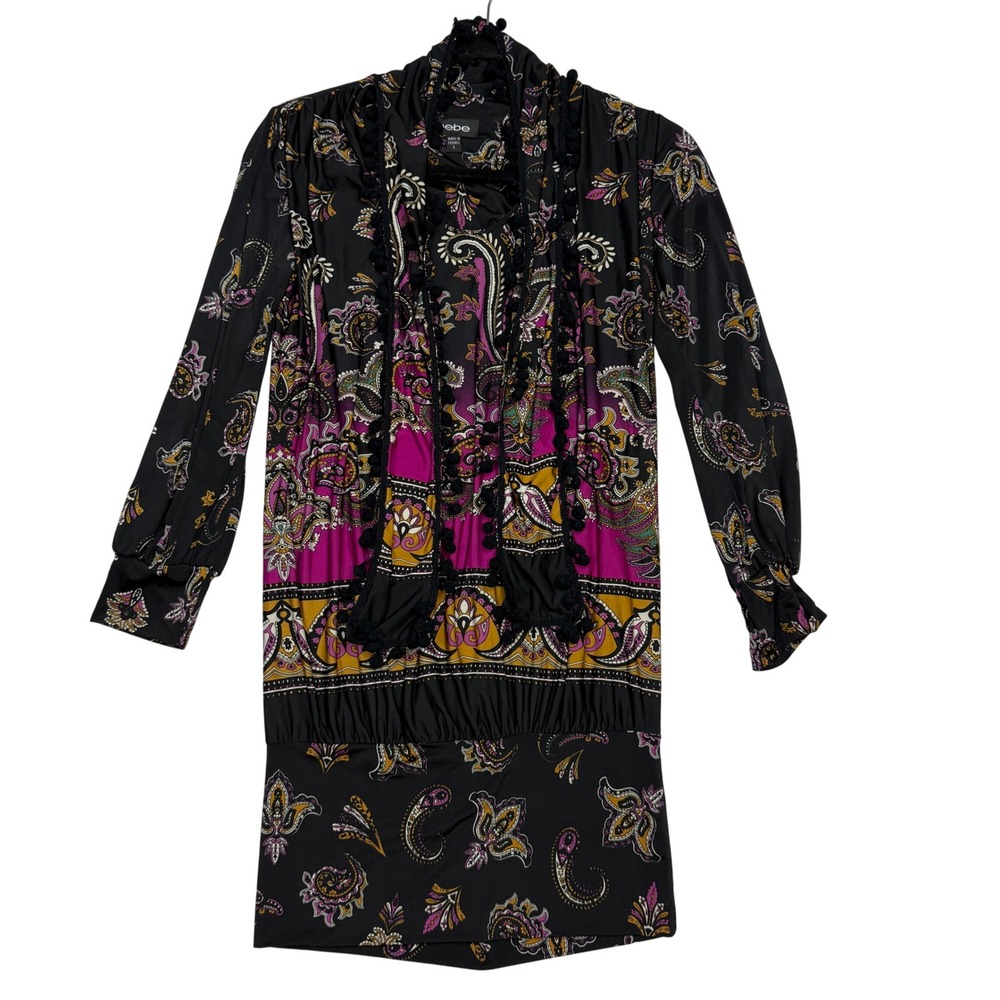 BEBE Women's Y2K  Paisley Tie Neck Long Sleeve Blouse‎ Size S Vintage
